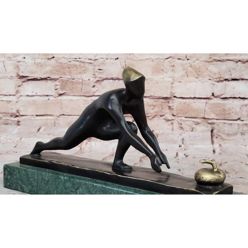 Bronze Curling Player Sculpture – Sports Themed Artwork On Marble Base