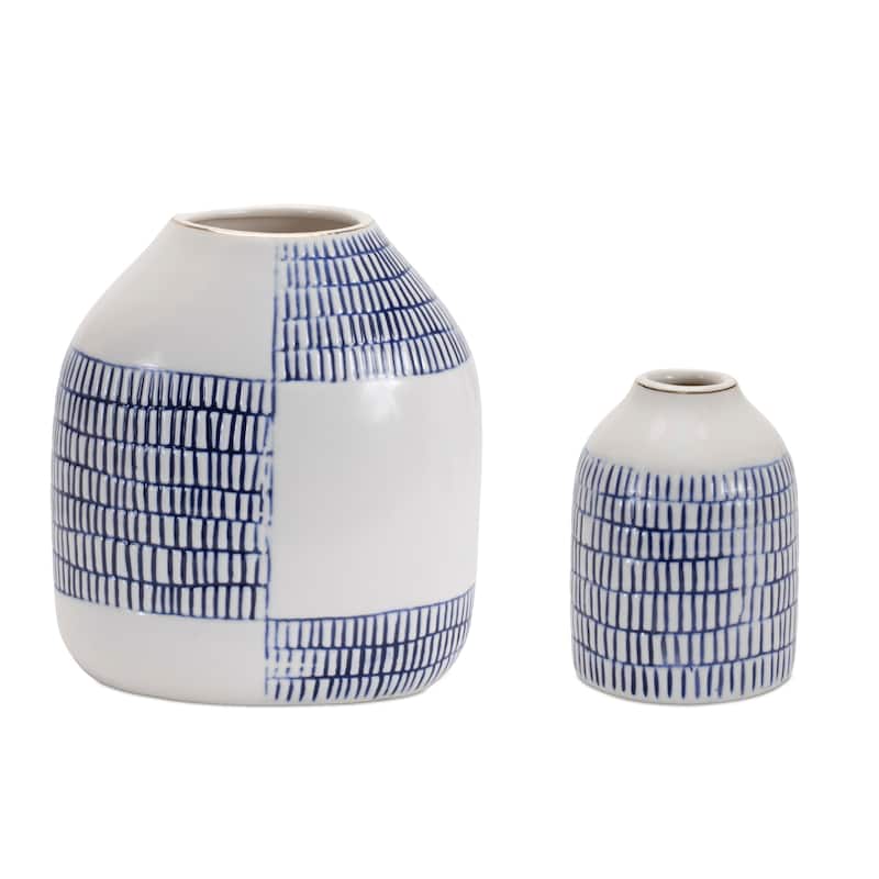 Etched Checker Ceramic Bud Vase - 6.5" - White and Blue - Set of 2