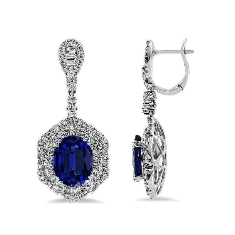 Auriya Fancy 5 9/10ct Royal Blue Sapphire Oval and 2 1/3ctw Halo Diamond Dangle Earrings 18K Gold