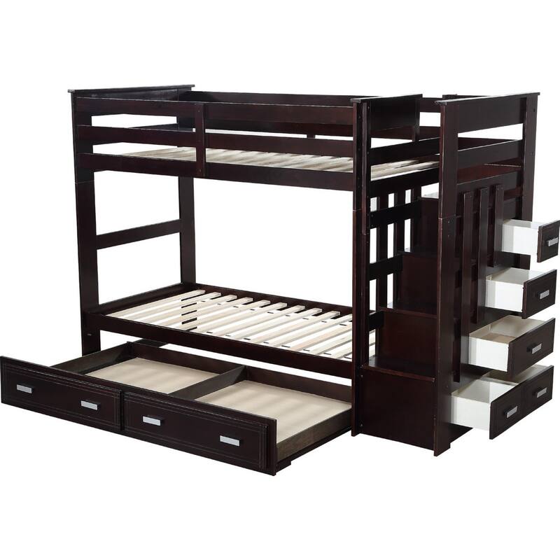 Classic Wood Twin Bunk Bed with Trundle, Storage Ladder, 5 Drawers, Brown