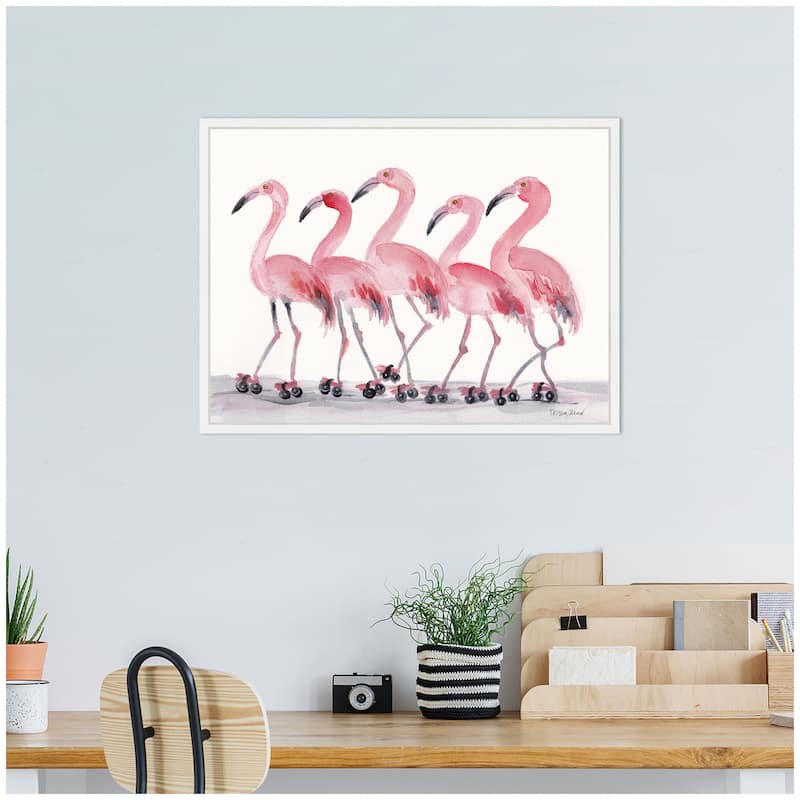 Kate and Laurel Sylvie Roller Skating Flamingos Framed Canvas by Patricia Shaw