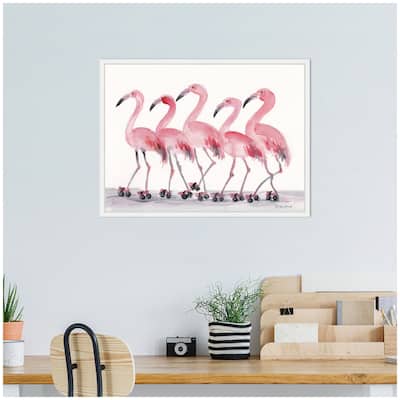 Kate and Laurel Sylvie Roller Skating Flamingos Framed Canvas by Patricia Shaw