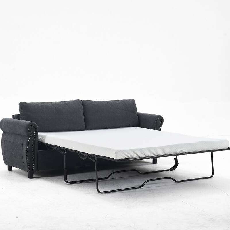 63" Polyester 3-Seater Sleeper Sofa with Pull-Out Mattress and Retro Rivet Armrests