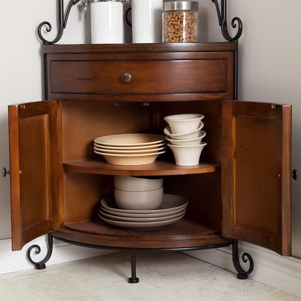 Shop Corner Bakers Rack With Wrought Iron Frame And Wood Storage