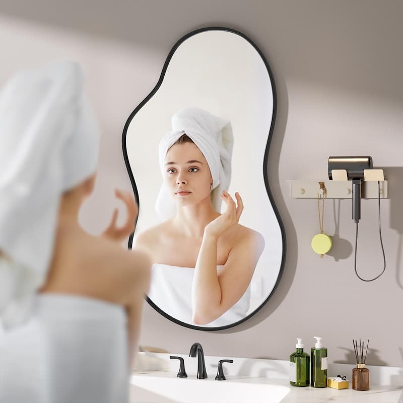 Asymmetrical Decorative Wall Mirror Irregular Aluminum Alloy Frame Bathroom Vanity Mirror - Black