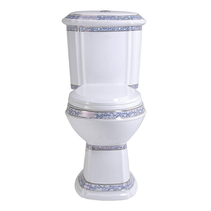 India Reserve Blue Gold Porcelain Elongated Two Piece Toilet Dual Flush Push Button Slow Close Toilet Seat