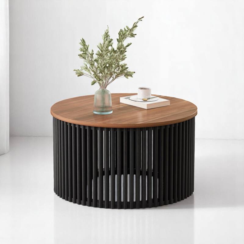 30" Round Coffee Table, Acacia Veneer Top with Solid Wood Legs, Modern Circular Accent Table for Living Room,End tables