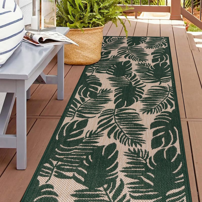 World Rug Gallery Floral Leaves Textured Flat Weave Indoor/Outdoor Area Rug - 2'x7' Runner - Green
