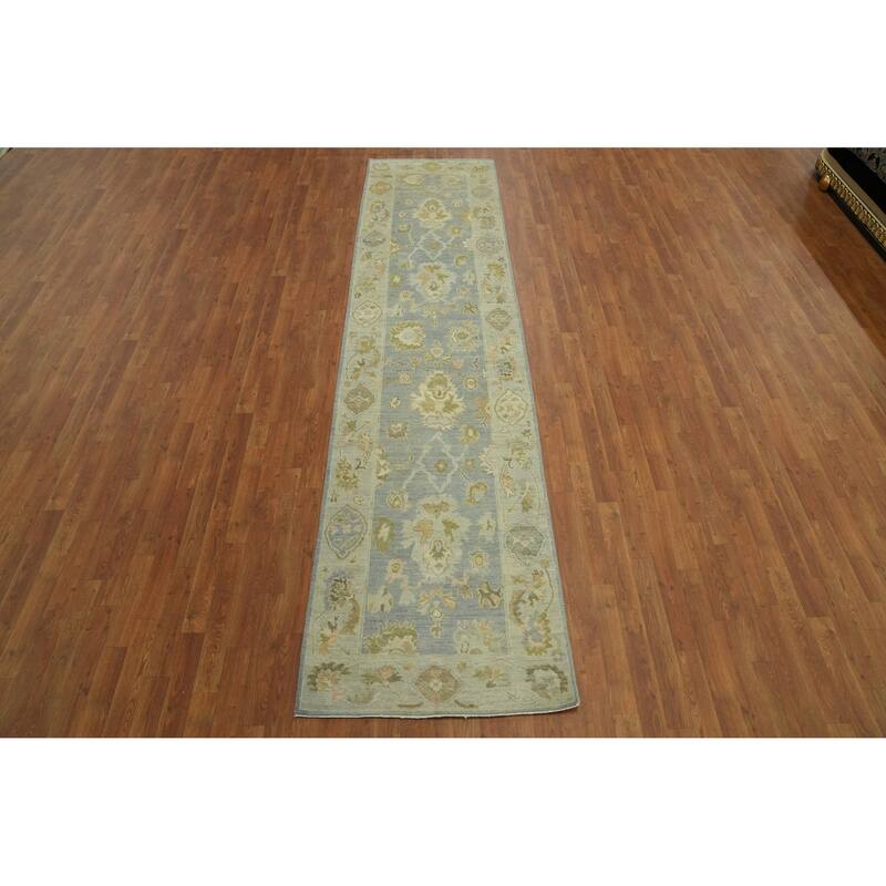 Vegetable Dye Wool Oushak Turkish Runner Rug, Floral Geometric - 11' 10'' X 2' 10''