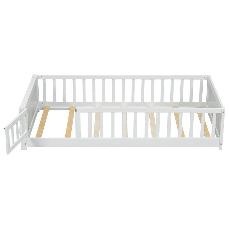 Twin size Floor Platform Bed with Built-in Book Storage Rack, Door