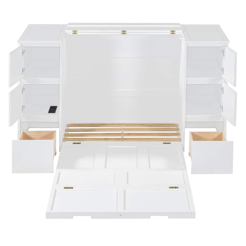 Modern Style Murphy Bed with Drawers, Cabinets and USB Ports for Bedroom