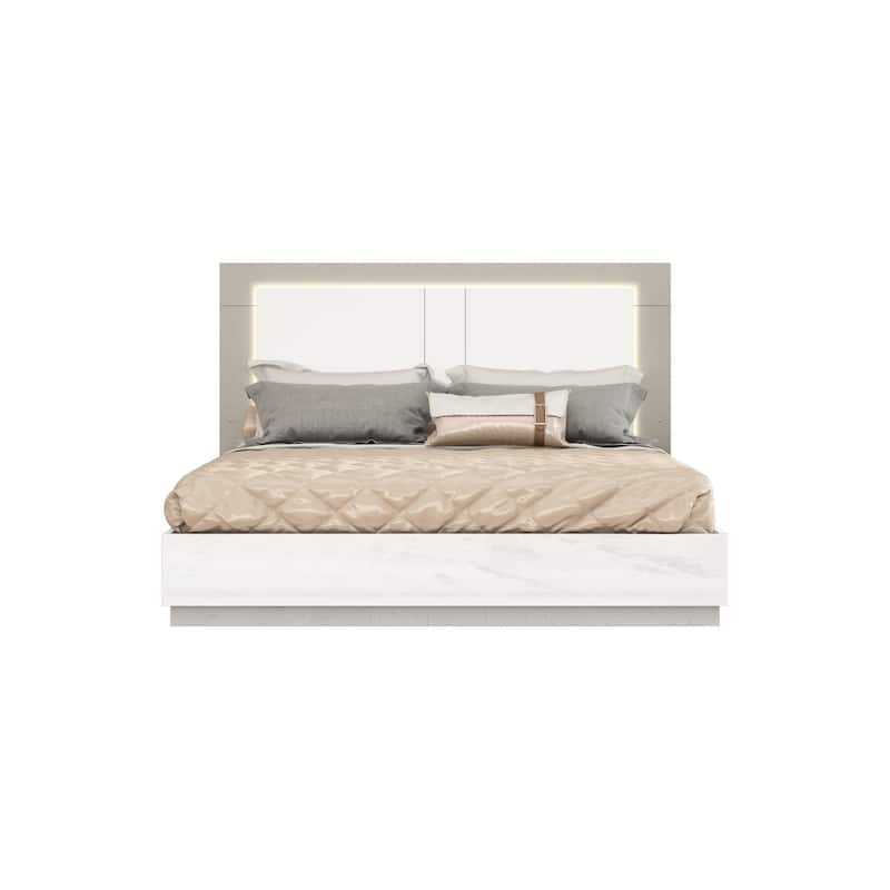 HomeRoots White And Taupe Wood Queen Bed Frame