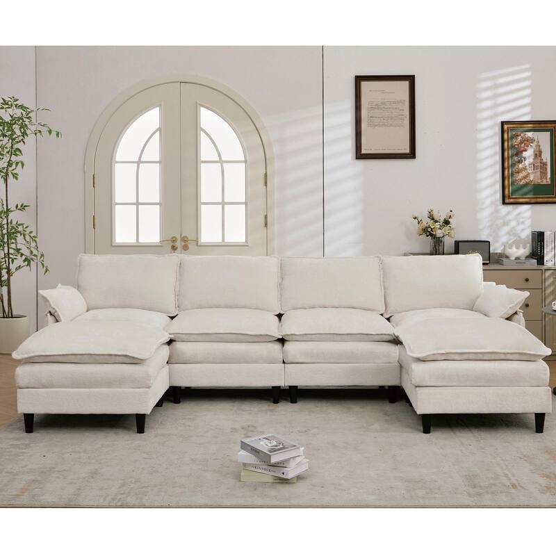 Oversized U Shaped Sectional Couch, Comfy Cloud Modular Sectional Sofa with 2 Ottoman Deep Seat Chenille Modern Cloud Sofa