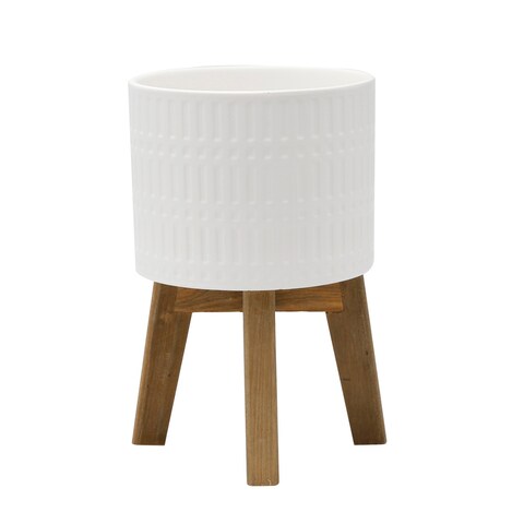 White Roman Ceramic Planter On Wood Stand