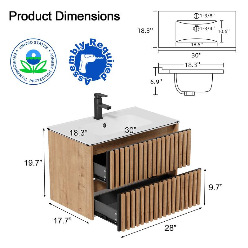 Wall Mounted Bathroom Vanity Set Mid-Century Storage Cabinet with Ceramic Sink