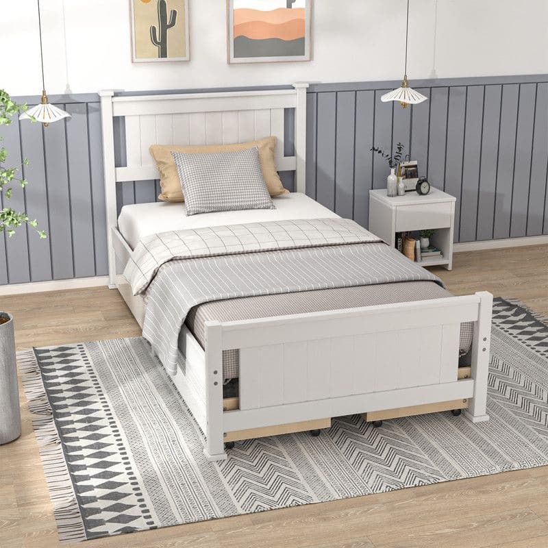 Wood Twin Size Bed Frame with 4 Storage Drawers, Solid Wood Platform Bed with Headboard - Twin