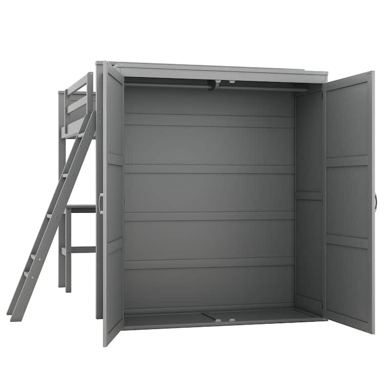 Full Loft Bed with Wardrobe & Desk, Solid Wood Bed with Desk Underneath