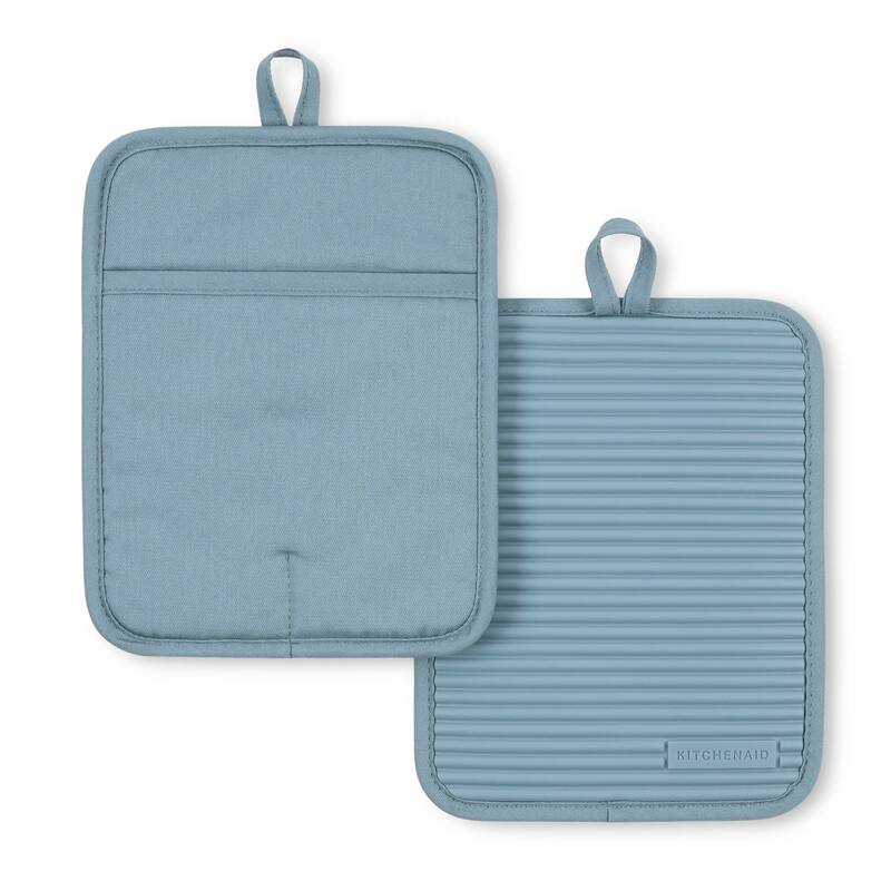 KitchenAid Ribbed Soft Silicone Pot Holder 2-Pack Set, 7"x9" - Fog Blue