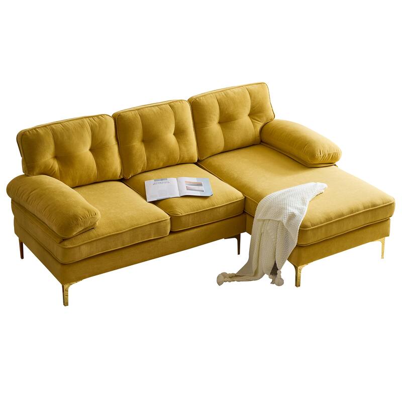 Velvet Sectional Sofas Couches with Pillow Top Arms and Upholstered Backrest, Modern L-Shaped Couches with Metal Legs