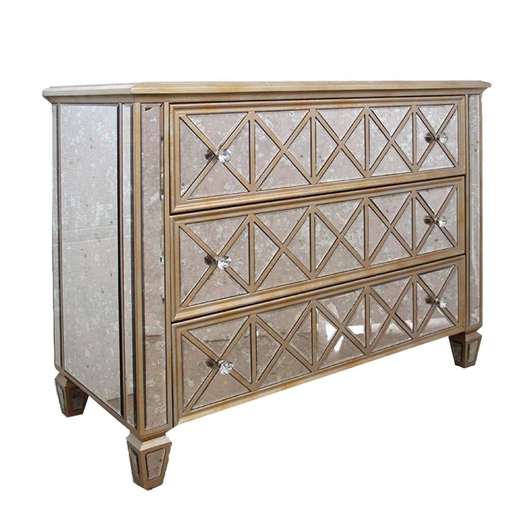 3 Drawer Dresser with Mirror Frame and Crystal Knobs, Gold and Silver