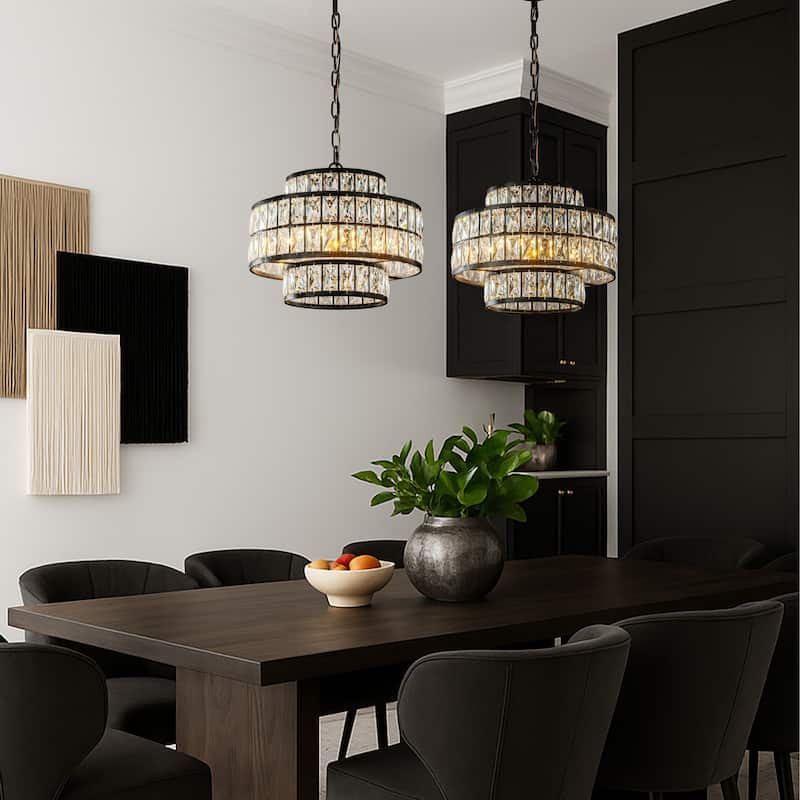 Modern Crystal Chandelier Matte Black Finish Tiered Drum Pendant Light for Small Spaces Dining Room Entryway