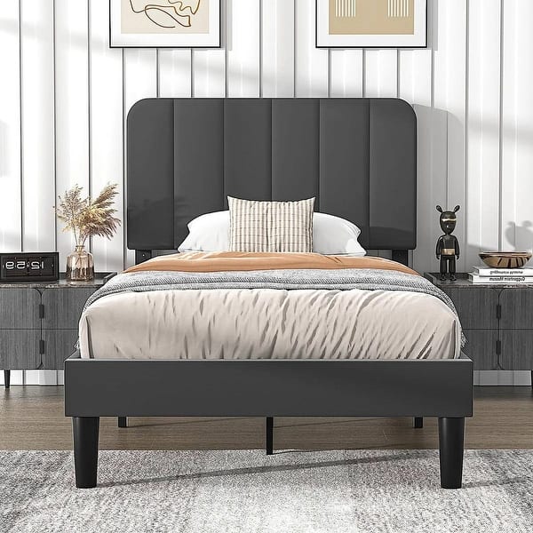 slide 2 of 27, Twin Upholstered Platform Bed Frame with Headboard and 12 Wooden Slats, Adjustable Height,