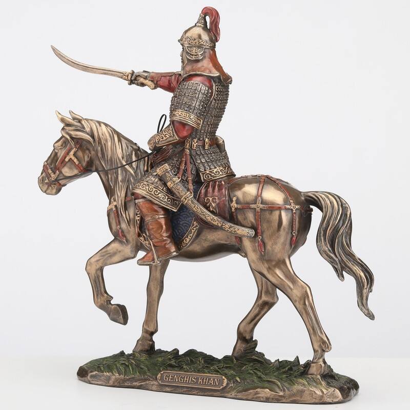 9.65 inches Width Cold Cast Bronze Genghis Khan on Horse Back Bronze Finish Figurine