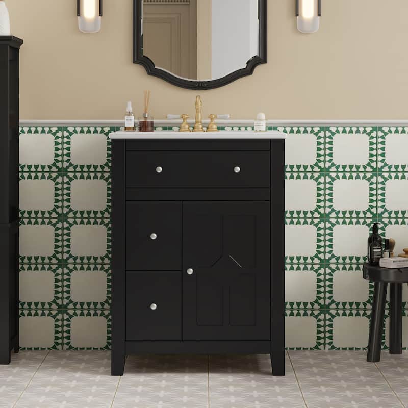 24" Modern Bathroom Vanity - Ceramic Basin, 2 Drawers & Soft-Closing Door, Compact Design - Black