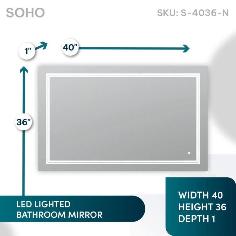 AQUADOM Soho 40" Led Lighted Mirror for Bathroom Defogger, Backlit and Front-Lit - 40"x36"x1"