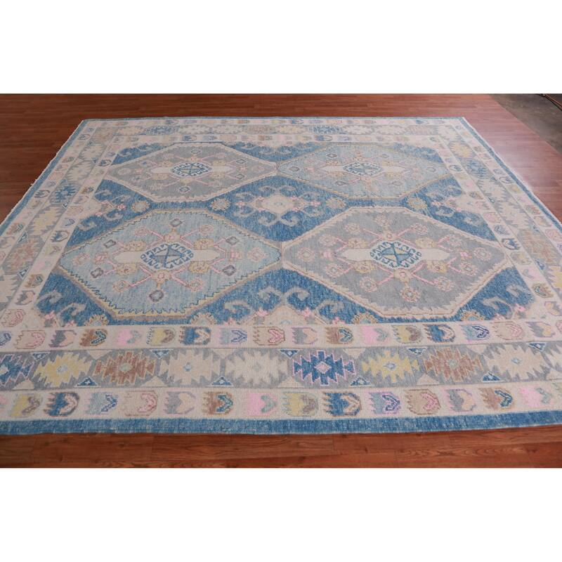 Hand Knotted Oriental 100% Wool Carpet Transitional Geometric Navy Blue & Blues Oushak Area Rug - 10' 4'' X 8' 10''