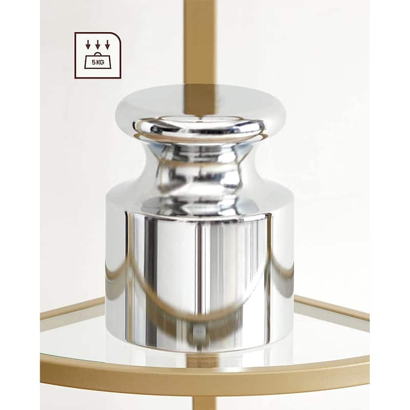 Golden 5-Tier Glass Corner Storage Shelf with Steel Frame Living room Bedroom or Entryway - 11"D x 11"W x 37.4"H