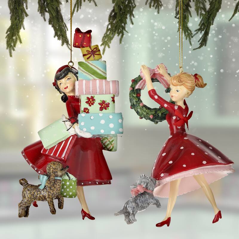 6.5-7" Retro Lady Decorating Ornament Set of 2