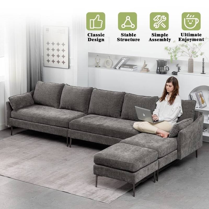 Modern Chenille Sectional Sofa with Reversible Chaise and Ottoman, Perfect for Living Rooms with Sleeper Function