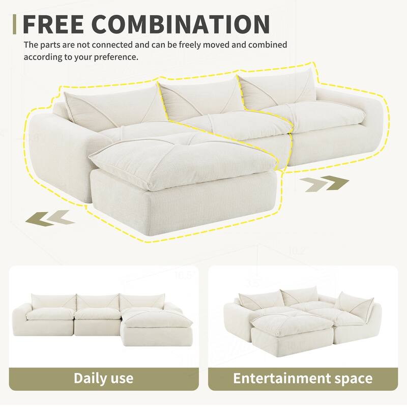 Versatile Compressed Sofa with Integrated Cushions and Movable Ottoman