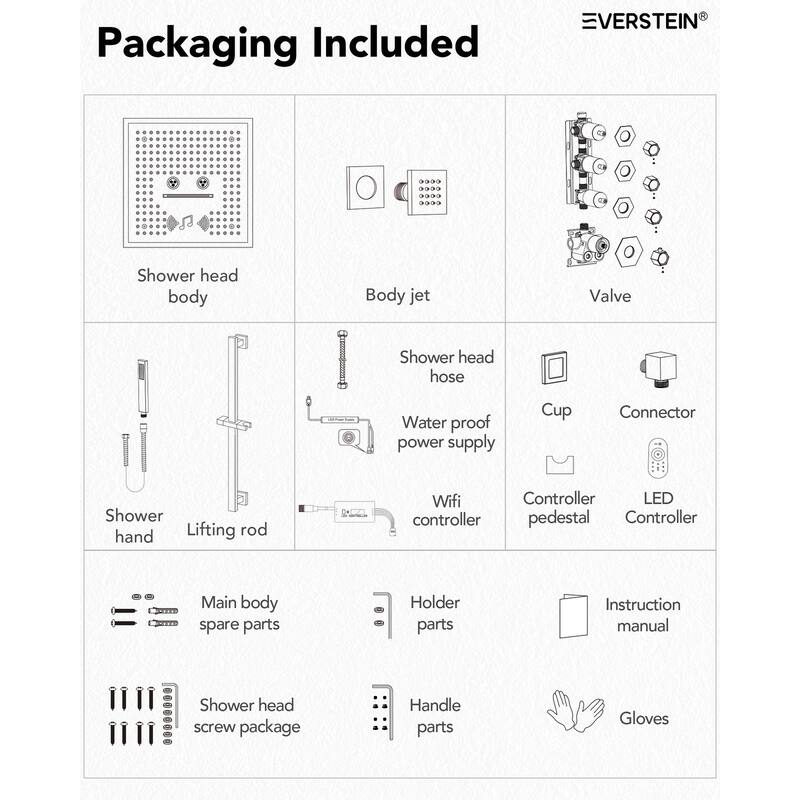 Shower Faucet System 16" Ceiling Mount Shower Head 3 Spray Modes Body Jets Handheld Spray with Slide Bar LED Music