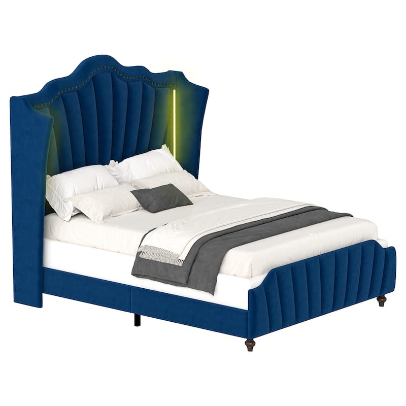 Moasis Queen Size Velvet Upholstered Platform Bed Frame with Wingback Headboard & LED Light