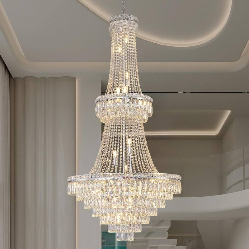 KAYLA High Ceiling Chandelier 13-Light Gold Modern Crystal Chandeliers Pendant Light Foyer Chandelier Fixtures - 780 - Sliver