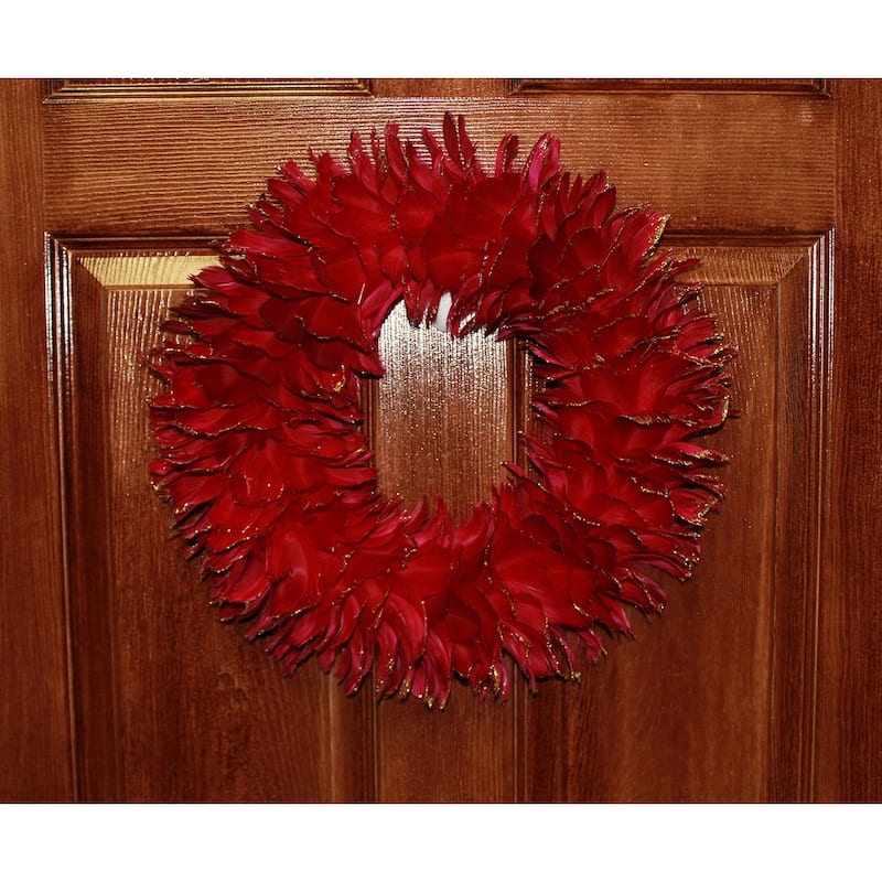 12" Red Feather Christmas Wreath With Gold Glitter Edging On Flat Foam Base