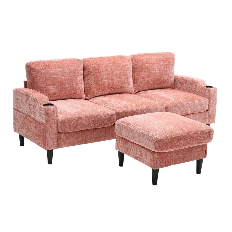 Modular Sectional Sofa with Storage Ottoman, Comfy Chenille Fabric Sofa, 3-Seater Sofa with Side Pockets & 2 Cup Holders
