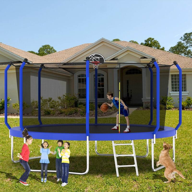 Outdoor Trampoline with Safety Net, Basketball Hoop & Ladder