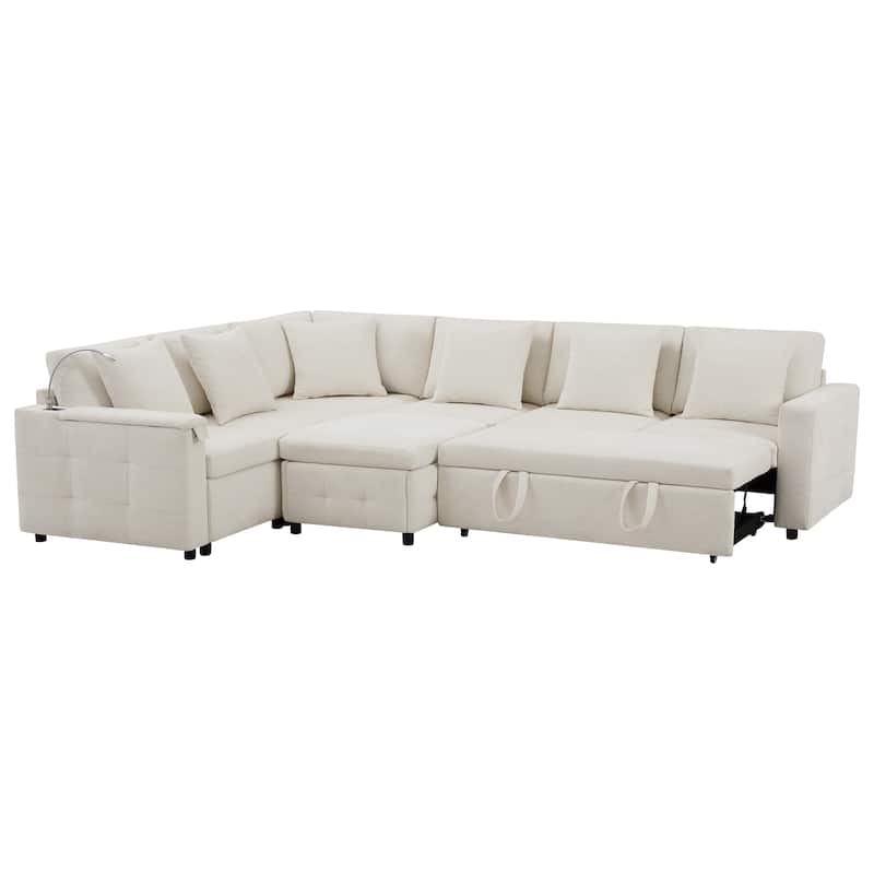 Roomfitters 117"x90" Modular Sectional Sofa Bed with Pull-Out Design, Flip-Up Table, Charging Ports, Storage Ottoman