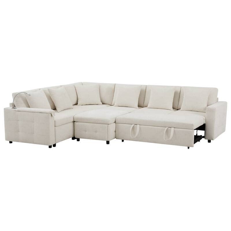 Tufted Chenille Sectional Sofa with Pull-out Bed, Flip-up Table Panel, Reading Lamp, Charging Ports, Storage Ottoman, 6 Pillows