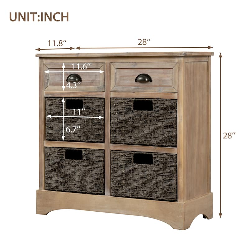 Rustic Storage Cabinet with 2 Drawers and 4 Classic Rattan Basket - 28"L×11.8"W×28"H
