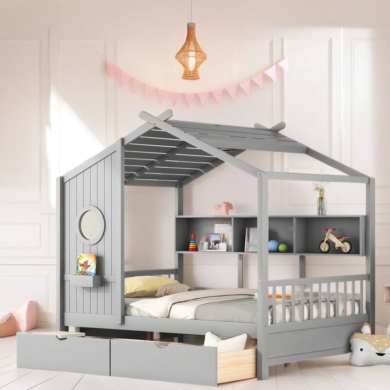 Kids Furniture Wooden Full Size Kids Bed with Storage Shelf and Drawers House Bed with 2 Drawers