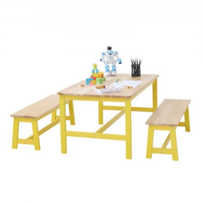 3 Pieces Rectangular Kids Wooden Activity Table and Bench Set Suitable Playroom Daycare or Tutoring Center