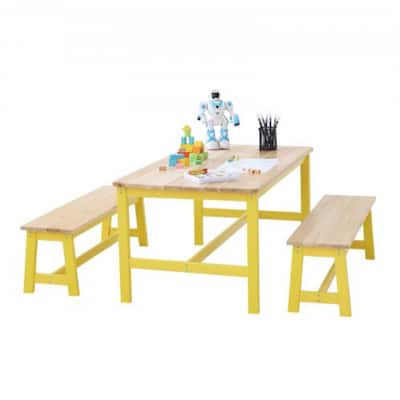 3 Pieces Rectangular Kids Wooden Activity Table and Bench Set Suitable Playroom Daycare or Tutoring Center