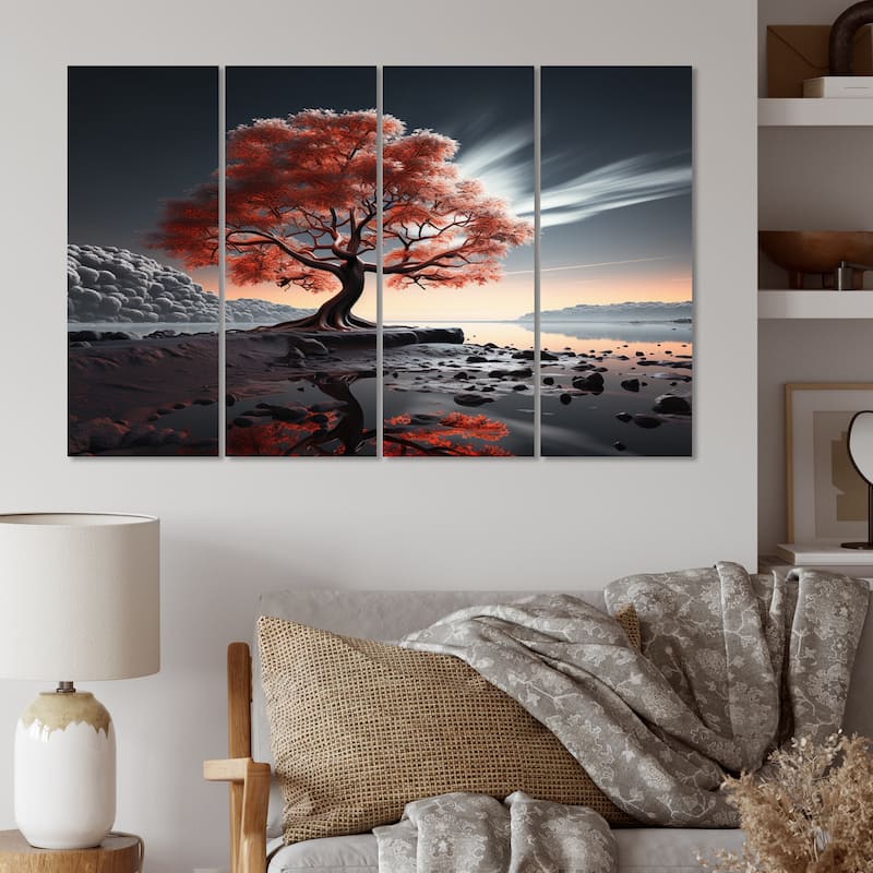 Designart "Tree Monochrome Essence Of Light" Floral Multipanel Canvas Wall Art set - 48 In. Wide X 28 In. High - 4 Panels Equal Panels