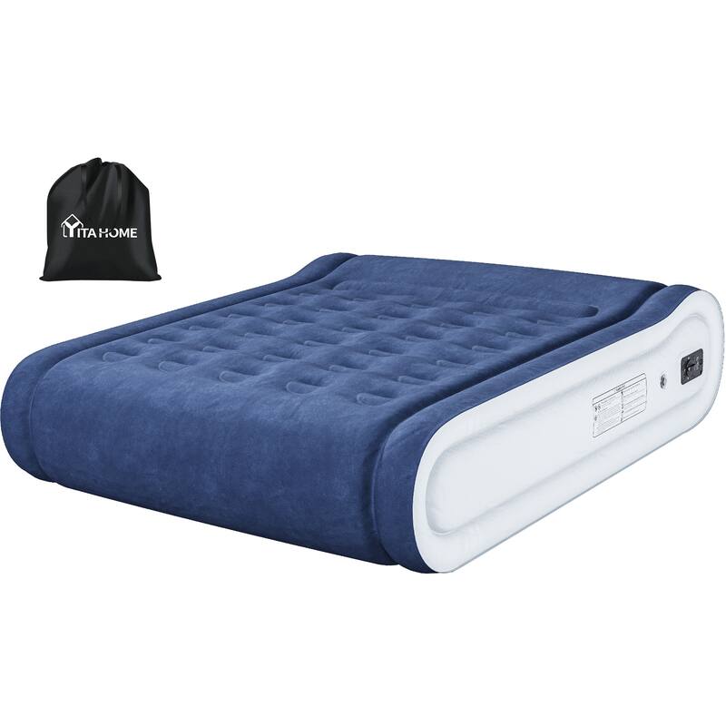 Moasis Queen 17 Inch Inflatable Mattress with Integrated Pillow - White/Blue - Queen