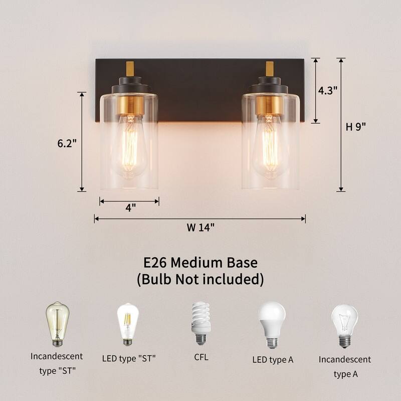 KAWOTI 2-Light Bathroom Vanity Light with Clear Glass Shade
