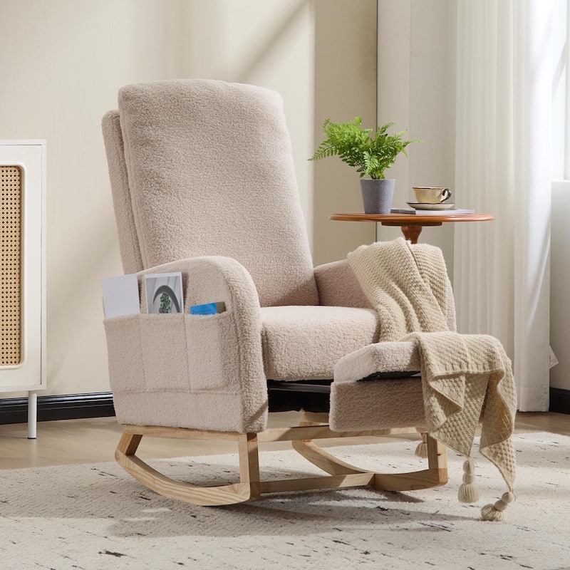 Wood Rocking Chair with Teddy Fabric and Side Pocket - 24.8"L x 29.5"W x 40.9"H